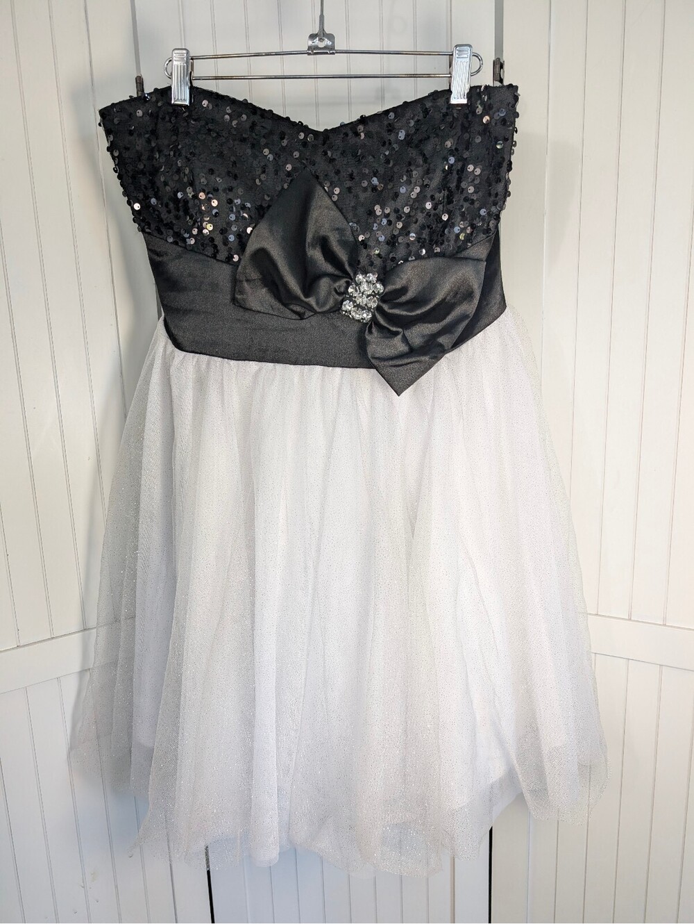 Rory USA Black White Sequin Tulle Strapless Prom Dress Rhinestone Bow